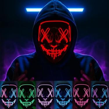 Imagem de KaTiSeMo Máscara de Halloween com luz de LED, máscara de purga de Halloween com 3 modos de iluminação e fio el; máscara de grito assustador para festivais, cosplay, festas de Halloween, cosplay