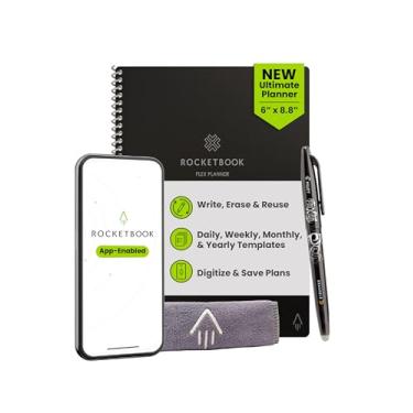 Imagem de Rocketbook Planejador flexível, reutilizável sem data, inteligente, tamanho executivo, 15 x 22 cm, preto – diário, semanal, mensal, calendário anual, tarefas, objetivos, agendamento, produtividade