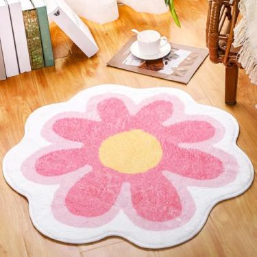 Imagem de Tinideya Tapete de área redondo de flores fofas estéticas, antiderrapante, círculo, macio, macio, tapete de flores para sala de estar, sofá, quarto, berçário, decoração (rosa, 60 cm)