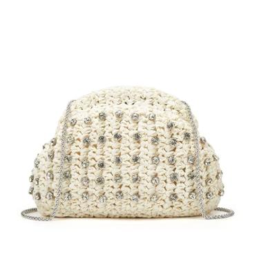 Imagem de Jusavie Bolsa clutch feminina de palha com strass 2025 de tecido Bolinho de Massa Bolsa de verão Raffia Rattan férias praia bolsa, Bege, Medium