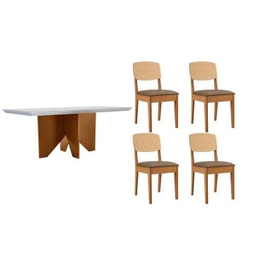 Imagem de Conjunto Sala de Jantar Nevada c/ Tampo Madeirado c/ Vidro Canto Curvo 120x80cm e 4 Cadeiras Havana Premium Naturale/Off White - Capuccino/Suede Capuc