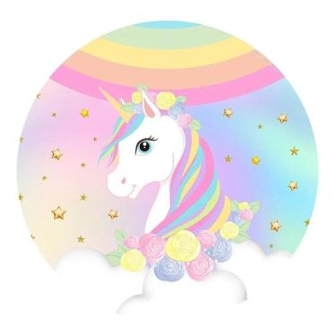 Imagem de Painel Festa Redondo Sublimado 3D Tecido C Unicórnio Arco-Ír