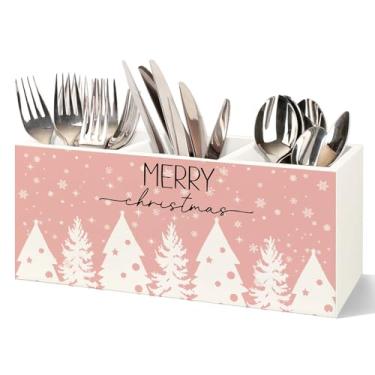 Imagem de VIIJJUE Merry Christmas, suporte de utensílios de cozinha, árvore de Natal rosa, floco de neve, organizador de utensílios de madeira para cozinha, bancada, prateleira, decoração de mesa