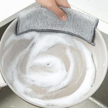 Imagem de [Pacote com 5] Panos de prato multiuso de arame de aço úmido e seco – Almofadas de limpeza de metal de espessura dupla para limpeza de cozinha, fogão, panelas, pia, uso doméstico