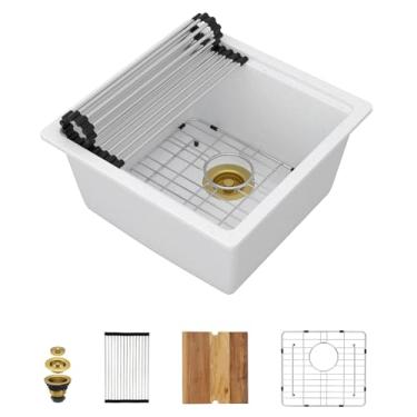 Imagem de Talllor 45,72 cm x 45,72 cm Undermount Wet Bar Sink Workstation - Quartzo composto de granito branco clássico tigela única sob balcão pequena preparação de cozinha Rv pia de cozinha #TLGU-131