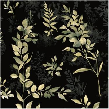 Imagem de Floralplus Papel de parede removível preto removível folha boho escuro papel de parede texturizado amigável para quarto papel de parede para quarto papel de contato para armário bancada 44,5 x 299,7
