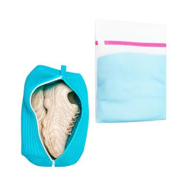 Imagem de Kit com Saco para Lavar Tênis e Saco de Lavar Roupas Íntimas 60x60 cm para Máquina de Lavar, Malha de Poliéster Reforçada, Fechamento com Zíper e Protetor, Reutilizável, Multifuncional (Azul)