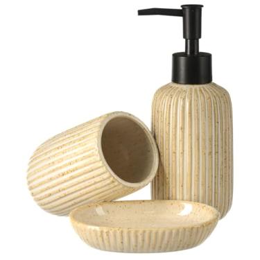 Imagem de Conjunto Lavabo Banheiro Bege Porcelana Dispenser Líquido Saboneteira