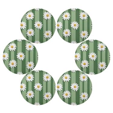 Imagem de Wassud Jogo americano conjunto de 6 margaridas com listras verdes tapetes de mesa redondos para cozinha e jantar tapetes laváveis resistentes ao calor decoração de mesa 39 cm