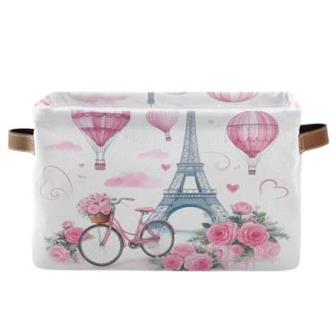Imagem de Wassud Caixa de armazenamento de lona dobrável Dreamy Torre Eiffel com alças, cesta organizadora dobrável para armário, banheiro e decoração de casa, pacote com 2