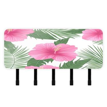 Imagem de Burbuja Porta-chaves de flores de hibisco rosa com 5 ganchos, porta-chaves autoadesivo montado na parede, organizador de armazenamento de correio para entrada, decoração de casa