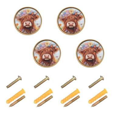 Imagem de Burbuja Puxadores de armário de cozinha Highland Cow com flores, pacote com 4, puxadores redondos de 3,5 cm, puxadores de cômoda com parafusos para armários de cozinha, quarto, armário