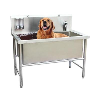 Imagem de Banheira de aço inoxidável para cuidados com cães para casa, estação de banho extra elevada para cães médios e pequenos, banheira de chuveiro para animais de estimação de 119 cm de altura, pia de