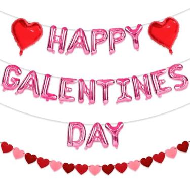 Imagem de Decorações de Dia de Galentinas, faixa rosa de balões de folha de 40,6 cm, 2 balões vermelhos de coração e 1 faixa de coração de feltro para Dia de Galentine para decoração de festa de meninas e
