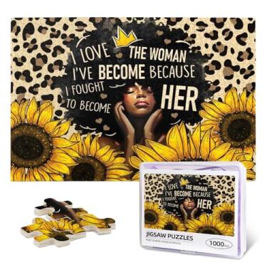 Imagem de Quebra-cabeças afro-americanos 1000 peças para adultos, padrão de girassol e leopardo, mulher negra, quebra-cabeça de madeira para alívio do estresse, tarefa cerebral desafiadora decoração de casa