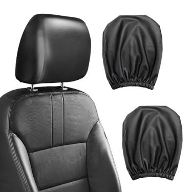 Imagem de Yitexin 2 capas de encosto de cabeça frontal de couro PU preto para carros, capa universal de encosto de cabeça de assento de carro de 23,9 cm x 27 cm, protetor elástico de encosto de cabeça de