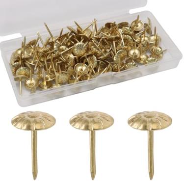 Imagem de Rierdge Tachinhas de estofamento douradas, 120 peças de unhas decorativas de móveis vintage com padrão de margarida, alfinetes de estofamento resistentes de 7/40.6 cm para sofá, cadeira, cama