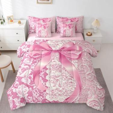 Imagem de Erosebridal Conjunto de edredom Queen com laço e laço rosa, damasco rosa em uma bolsa, presente feminino, princesa, sonhador, edredom antigo vitoriano com 2 fronhas