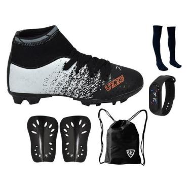 Imagem de Chuteira Infantil Campo Botinha Cano Alto Gramado Travas + Meião Canel