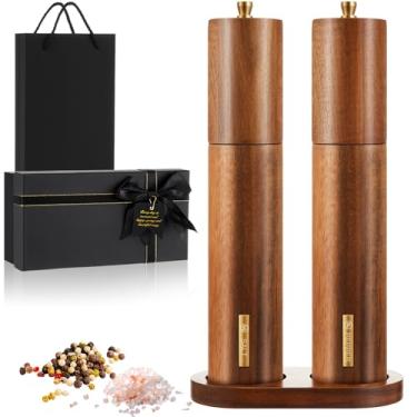Imagem de LOYIM Conjunto de moedor de sal e pimenta de madeira com bandeja e caixa de presente, moedor manual de sal e pimenta de 30,5 cm, moedor de cerâmica grossa ajustável, madeira de acácia natural para