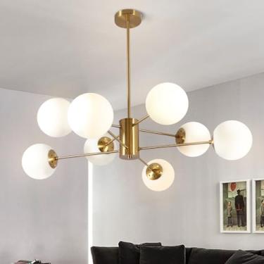 Imagem de Bektas Lustre de iluminação, 8 luzes de meados do século moderno lustre dourado para sala de jantar, cozinha, sala de estar, luminárias pendentes de vidro bolha (ouro + branco)
