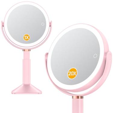 Imagem de Gospire Espelho de maquiagem com ampliação de 20 x com luzes - Espelho de maquiagem iluminado de altura ajustável com ampliação, bateria recarregável de 4000 mAh, 3 luzes coloridas reguláveis para