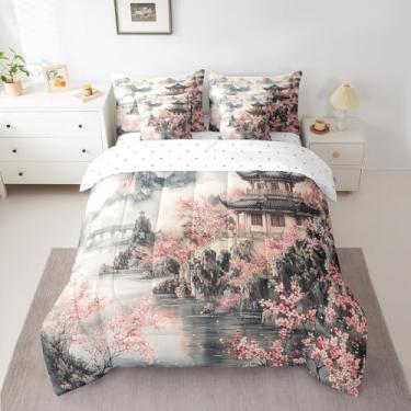 Imagem de Feelyou Conjunto de edredom japonês com flores de cerejeira, tamanho casal, 7 peças, para crianças, meninos, meninas, tradição japonesa, cama estética em uma bolsa, microfibra macia