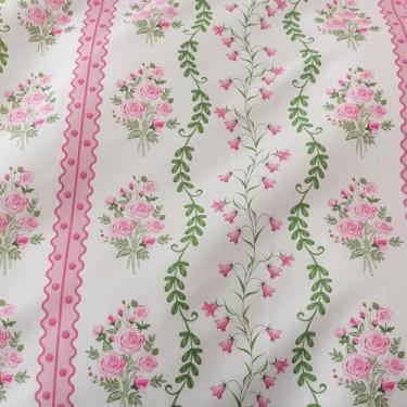 Imagem de Brandream Jogo de cama Queen – Lençóis de cama floral Grandmillennial, listras botânicas rosa rosa com trepadeiras frondosas, roupa de cama macia e respirável 100% algodão, 4 peças