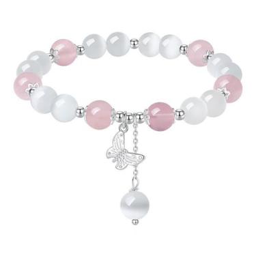 Imagem de Pulseira Olho de Gato e Quartzo Rosa para Mulheres em Prata 925 - Yiwe
