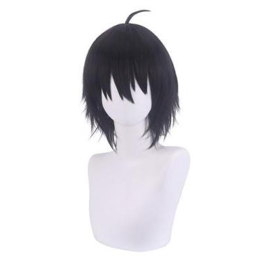 Imagem de Peruca de cosplay curta preta em camadas de 30 cm, sintética resistent