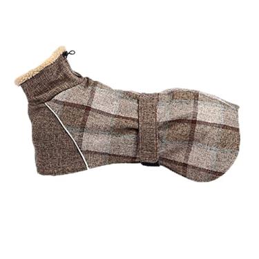 Imagem de Foern Roupas de algodão para cães, casaco quente com gola de lã de cordeiro tira ajustável faixa reflexiva ao ar livre no inverno para cães pequenos, médios e grandes, marrom, GG:24,4