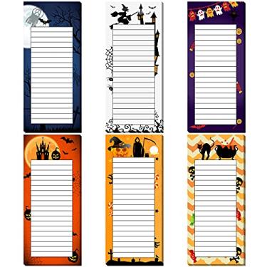 Imagem de 6 peças de blocos magnéticos de Halloween caveira bruxa abóbora fantasma Halloween bloco de notas magnético decoração festa Halloween geladeira lista de compras lista de tarefas 19 x 8 cm