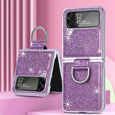 Imagem de Capa de telefone com suporte de anel de luxo com brilho brilhante para Samsung Galaxy Z Flip 4 flip4 Flip4 Capa macia de carregamento magnético sem fio, anel de glitter roxo, para Samsung Z flip4