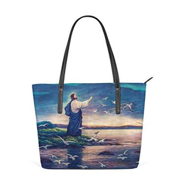 Imagem de Top Carpenter Bolsa de ombro com alça superior, bolsa de ombro de couro de poliuretano, pintura a óleo de Jesus na lateral do mar, bolsa mensageiro para mulheres e meninas