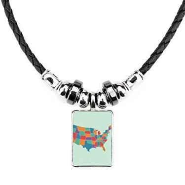 Imagem de DIYthinker Colar com padrão dos Estados Unidos da América Map Jewelry Torque pingente de corda de couro