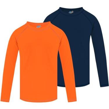 Imagem de Pacote com 2 camisetas de natação Rash Guard de manga comprida FPS + 50 camisetas de sol para crianças pequenas Rashguard, Azul marinho e laranja, 5-6 Anos