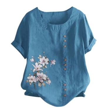 Imagem de Camiseta feminina de linho, estampa floral, manga curta, caimento solto, gola redonda, verão, túnica, Azul, 5G