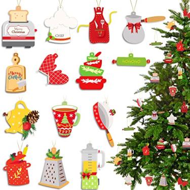 Imagem de 28 peças ornamentos de árvore de natal chef férias de natal cozinha ornamentos de madeira pendurados chefs de natal chapéu avental de rolo ornamentos decoração de árvore de Natal para decoração de festa de Natal