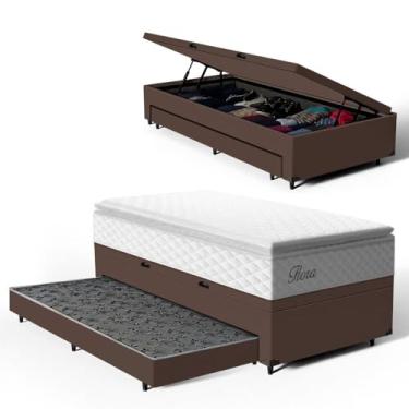 Imagem de Bicama Box Baú Solteiro com Colchão de Molas Ensacadas Pillow Top Flora + Auxiliar Unique 88cm (Marrom)