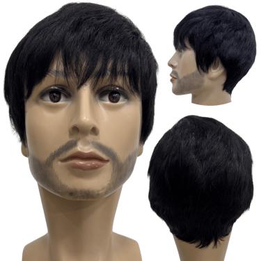 Imagem de Peruca curta preta humana lisa ondulada com franja unissex