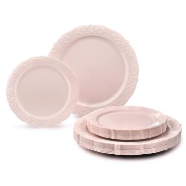 Imagem de Conjunto de 50 pratos (25 convidados) Conjunto de pratos de plástico descartável vintage para festa de casamento - 63 x 25 cm de jantar + 63 x 19 cm pratos de salada/sobremesa (Portofino em rosa claro)