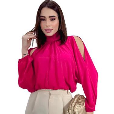Imagem de Blusa Bata Feminina Gola Alta Manga Bufante Ombro Vazado - Swiss Bouti