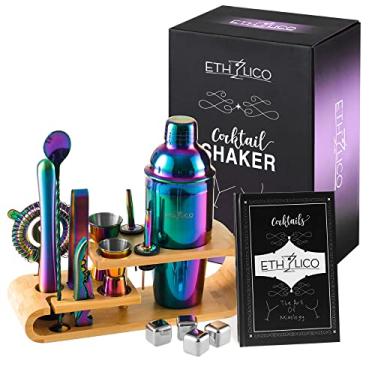 Imagem de ETHYLICO Kit De Coqueteleira, Conjunto Utensílios Para Bar, Profissional Barman Com 15 Peças E Suporte Bambu Natural - Livro 55 Receitas Incluso Rainbow