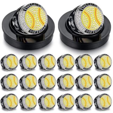 Imagem de Highergo 20 anéis de campeonato de basquete, softball, com corrente de pescoço e suporte, beisebol, voleibol, futebol, troféu, anéis a granel para presente de prêmio de torneio (prata, softbol)