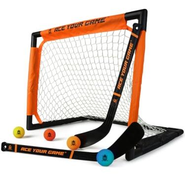 Imagem de ACE HOCKEY Conjunto de hóquei brilhante – Kit completo para 2 jogadores interno/externo – Conjunto de gol de hóquei no joelho (1) gol, (2) mini bastões e (4) bolas de espuma – Conjunto de mini hóquei