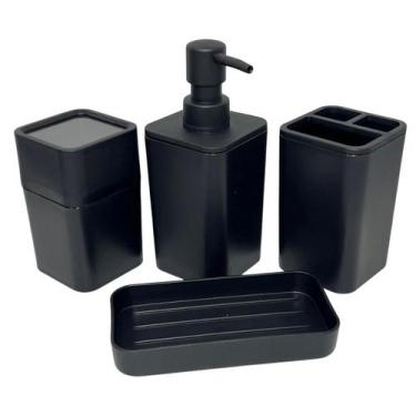 Imagem de Kit Banheiro Pia Porta Escova Algodão Sabonete 4 Pçs Preto Soprano