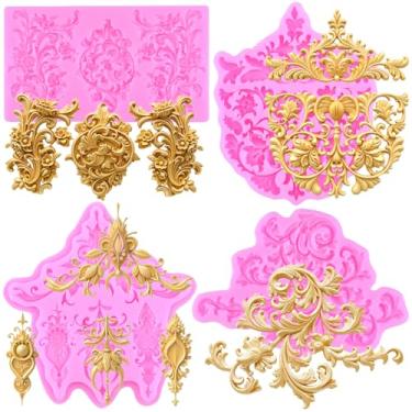 Imagem de MIYAHOUSE Molde de silicone para fondant barroco para decoração de bolos, enfeite de cupcake, pasta de goma de chocolate, argila de polímero, conjunto de 4