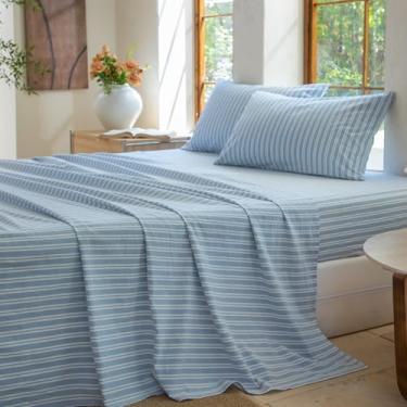 Imagem de BESTDESIL Jogo de cama listrado com 4 peças, 100% algodão lavado, 1 lençol com elástico, 1 lençol de cima e 2 fronhas, conjunto de lençol texturizado confortável (listra azul-centáurea/branco, Queen)