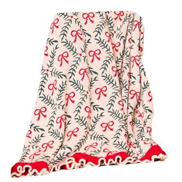 Imagem de Mary Square Cobertor de malha de treliça de Natal de 157,5 cm com acabamento de babados vermelhos e padrão de guirlanda de laço - manta decorativa aconchegante de inverno para sofá ou cama - decoração