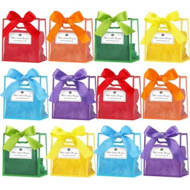 Imagem de Tenare Pacote com 12 sacos de presente de plástico transparente com alças saco reutilizável para lembrancinhas de festa com laço de fita de papel de seda para brindes, aniversário, casamento